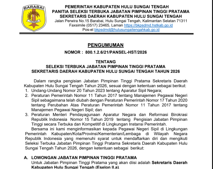 Seleksi Terbuka Jabatan Pimpinan Tinggi (JPT) Pratama Sekretaris Daerah Kabupaten Hulu Sungai Tengah Tahun 2026