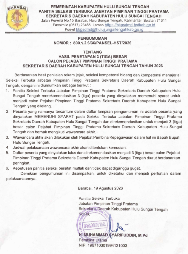 PENGUMUMAN  HASIL PENETAPAN 3 (TIGA) BESAR CALON PEJABAT PIMPINAN TINGGI PRATAMA SEKRETARIS DAERAH KABUPATEN HULU SUNGAI TENGAH